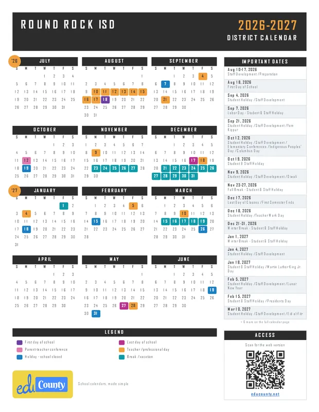 Round Rock ISD printable 2026-27 calendar