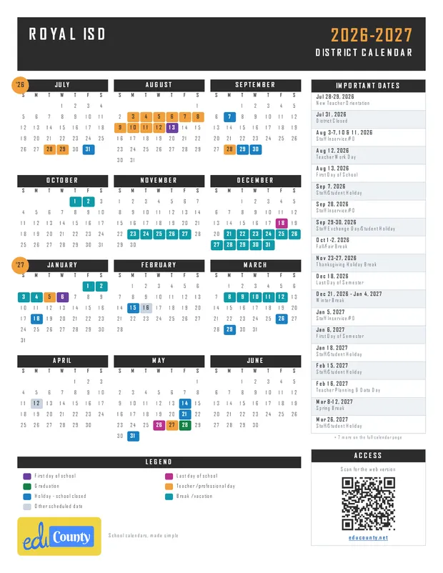Royal ISD printable 2026-27 calendar