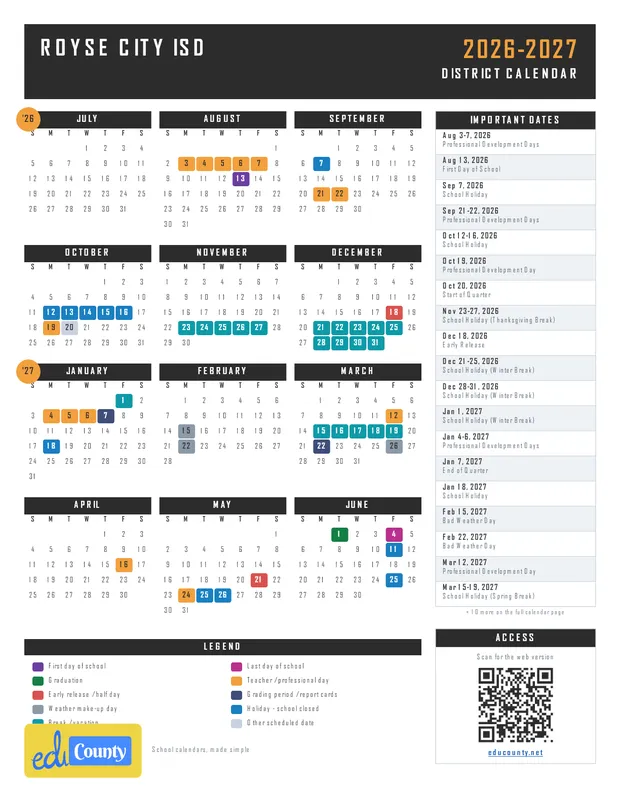 Royse City ISD printable 2026-27 calendar
