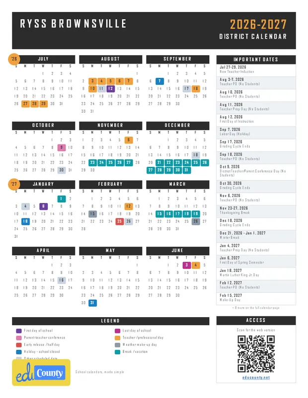 RYSS Brownsville printable 2026-27 calendar