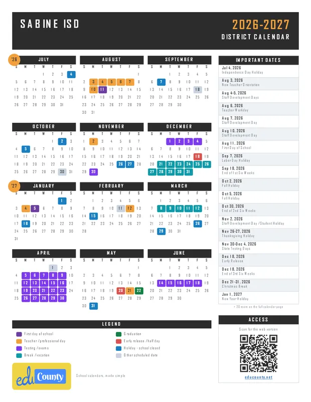 Sabine ISD printable 2026-27 calendar