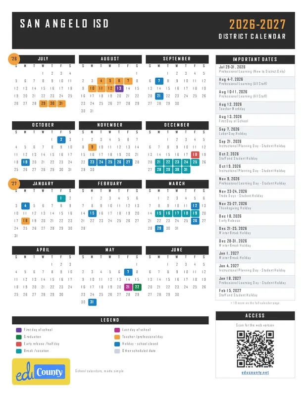 San Angelo ISD printable 2026-27 calendar