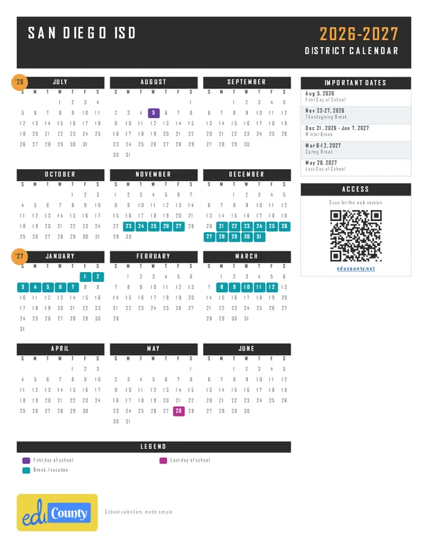 San Diego ISD printable 2026-27 calendar