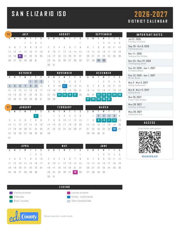San Elizario ISD printable 2026-27 calendar