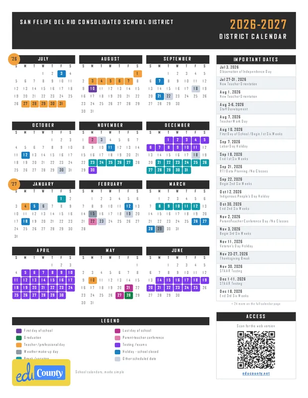 San Felipe Del Rio Consolidated School District printable 2026-27 calendar