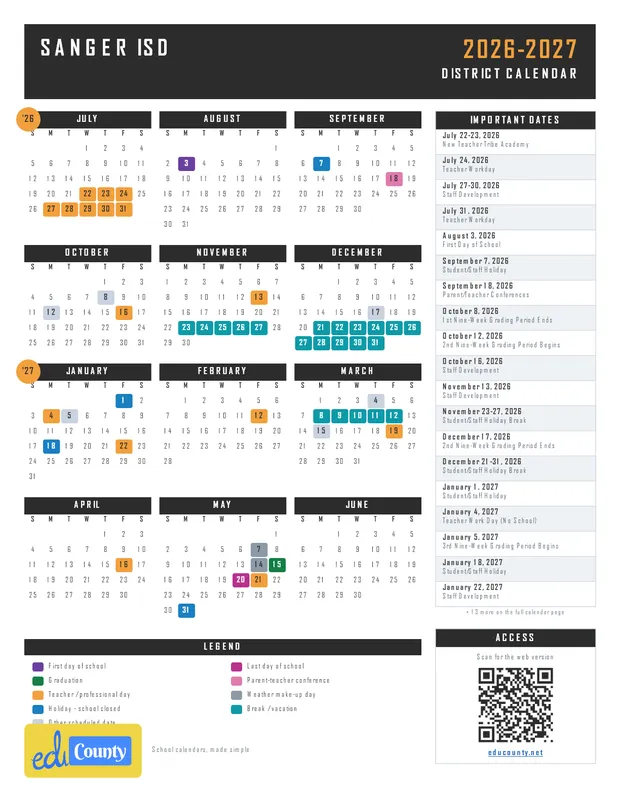 Sanger ISD printable 2026-27 calendar