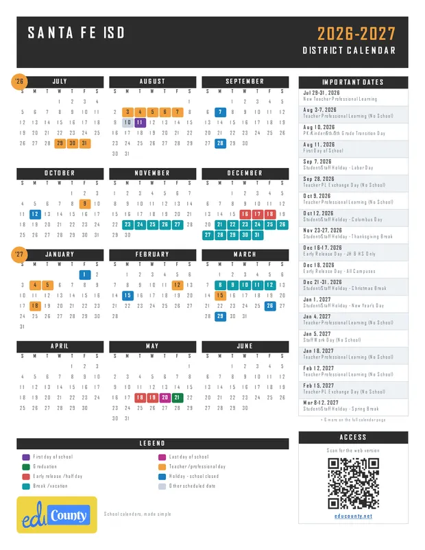 Santa Fe ISD printable 2026-27 calendar