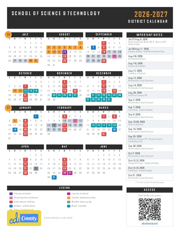 School of Science & Technology printable 2026-27 calendar