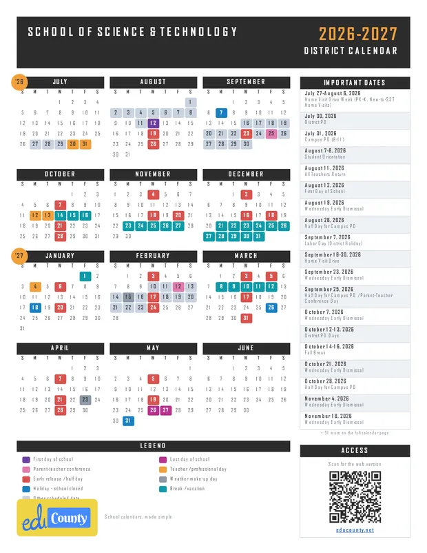 School of Science & Technology printable 2026-27 calendar