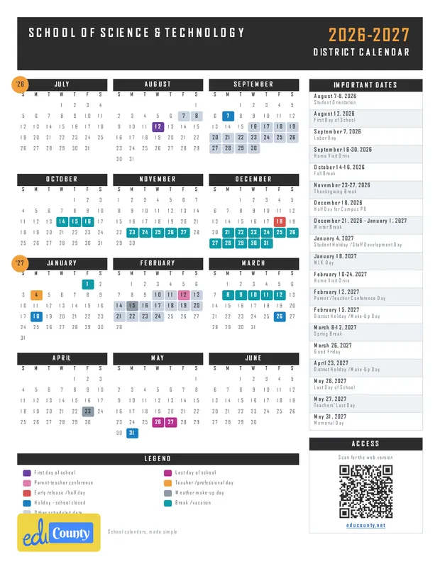 School of Science & Technology printable 2026-27 calendar