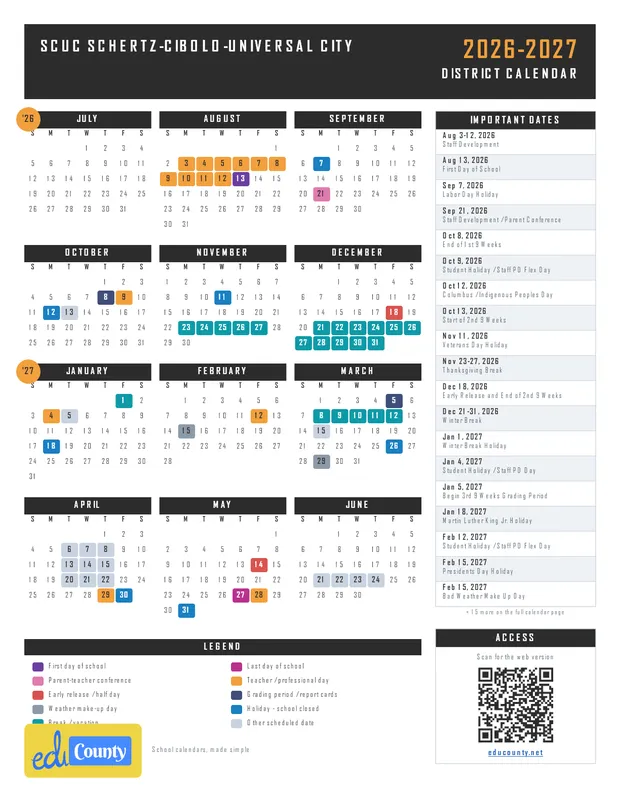 SCUC Schertz-Cibolo-Universal City printable 2026-27 calendar