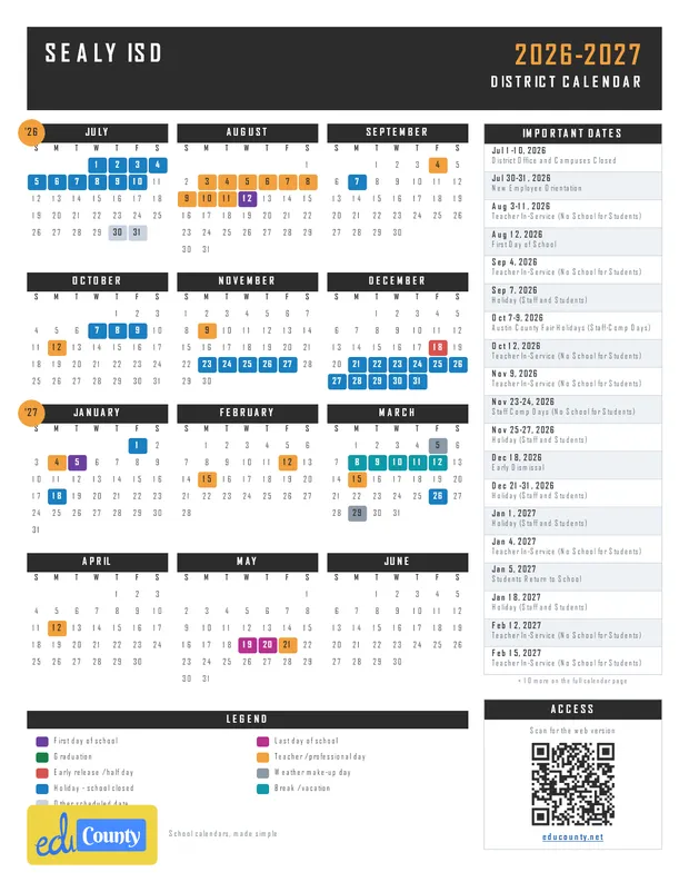 Sealy ISD printable 2026-27 calendar