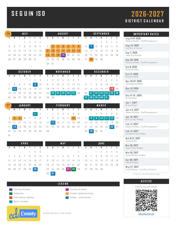 Seguin ISD Independent School District printable 2026-27 calendar