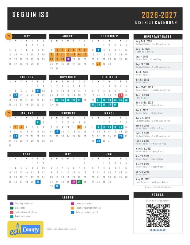 Seguin ISD Independent School District printable 2026-27 calendar