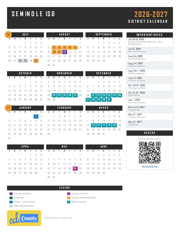 Seminole ISD printable 2026-27 calendar