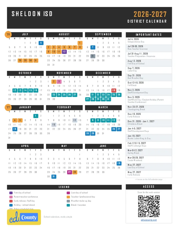 Sheldon ISD printable 2026-27 calendar
