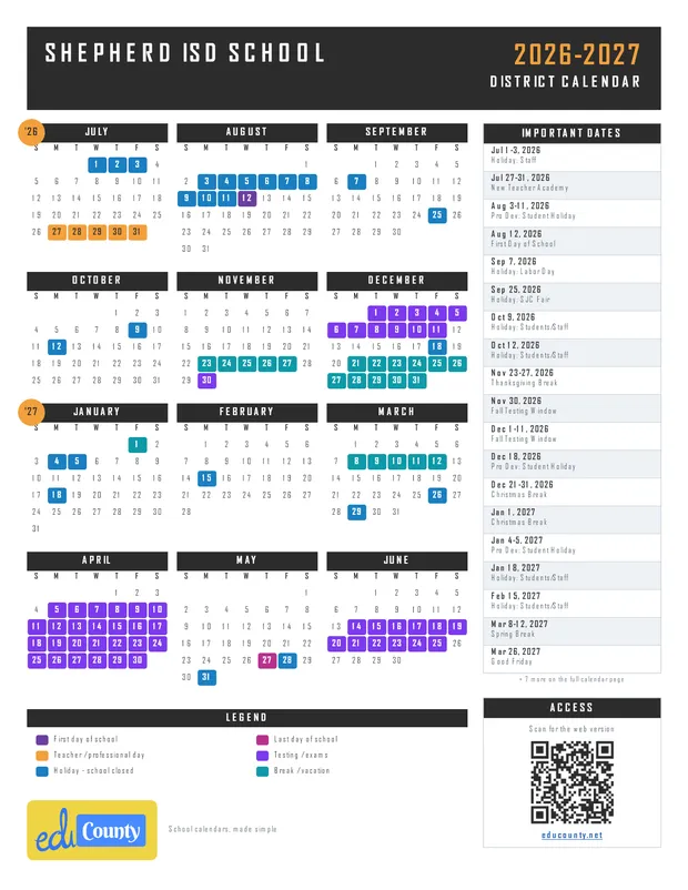 Shepherd ISD School printable 2026-27 calendar