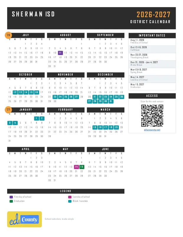 Sherman ISD printable 2026-27 calendar