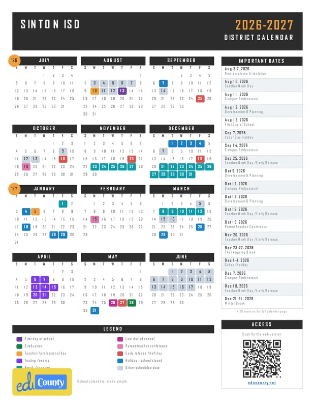 Sinton ISD printable 2026-27 calendar