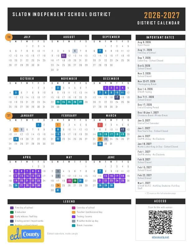 Slaton Independent School District printable 2026-27 calendar