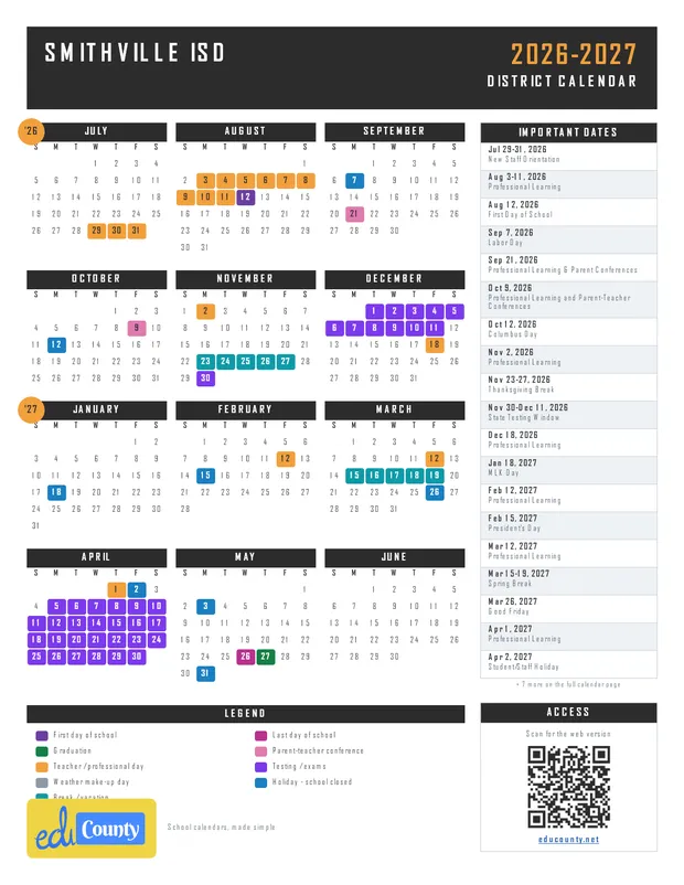 Smithville ISD printable 2026-27 calendar