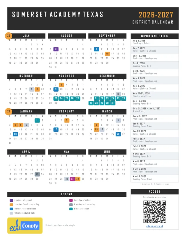 Somerset Academy Texas printable 2026-27 calendar