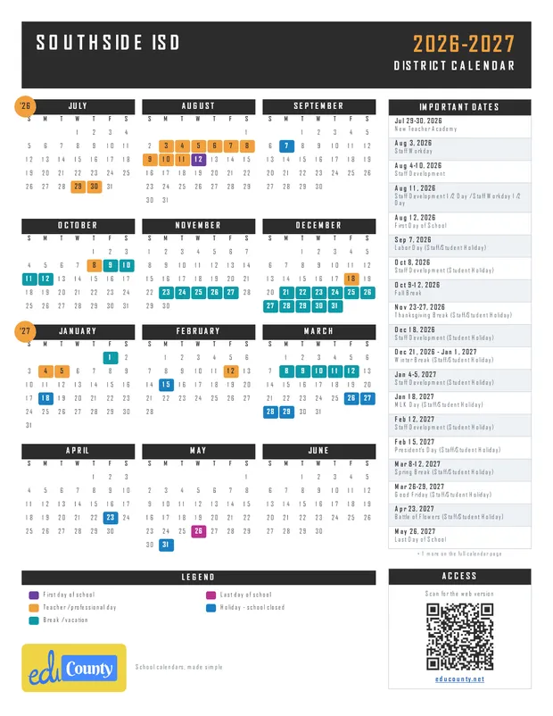 Southside ISD Independent School District printable 2026-27 calendar