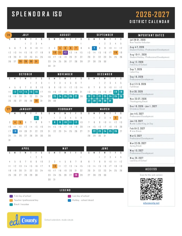 Splendora ISD printable 2026-27 calendar