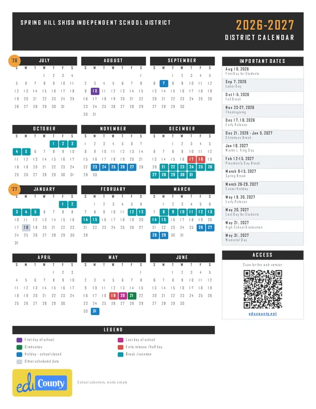Spring Hill SHISD Independent School District printable 2026-27 calendar