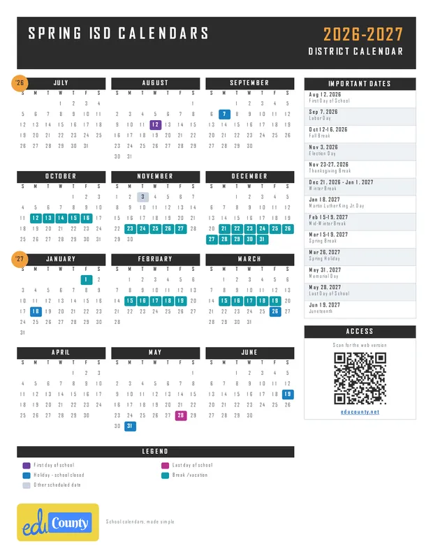 Spring ISD Calendars printable 2026-27 calendar