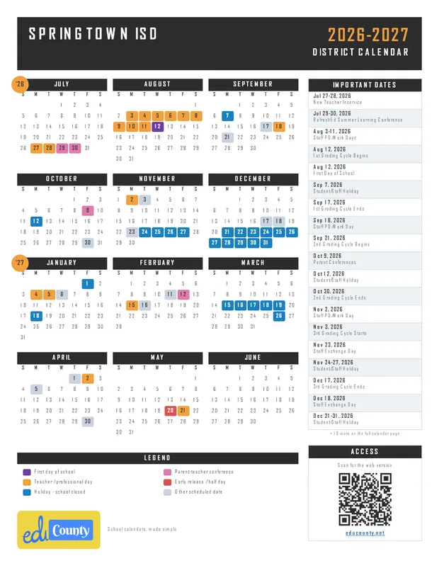 Springtown ISD printable 2026-27 calendar