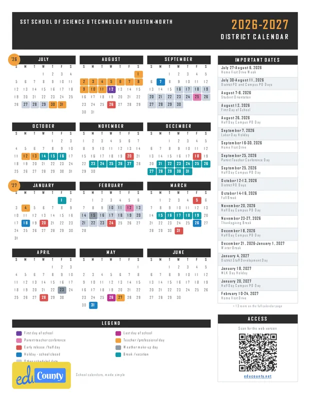 SST School of Science & Technology HOUSTON-NORTH printable 2026-27 calendar