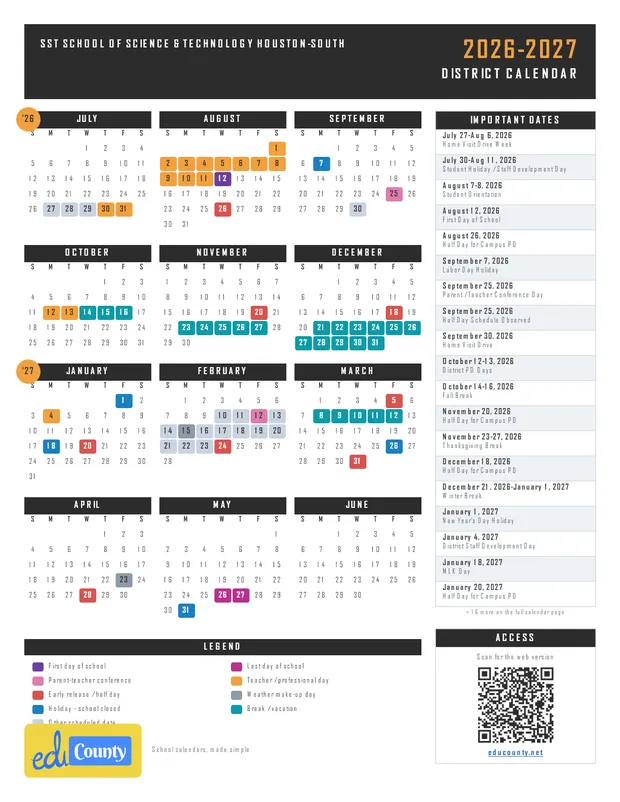 SST School of Science & Technology HOUSTON-SOUTH printable 2026-27 calendar
