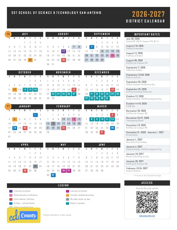 SST School of Science & Technology SAN-ANTONIO printable 2026-27 calendar