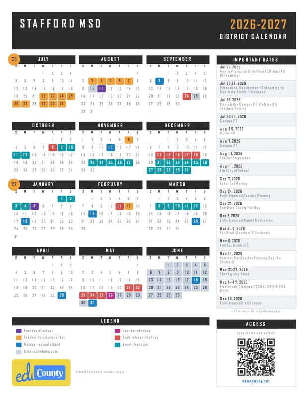 Stafford MSD printable 2026-27 calendar