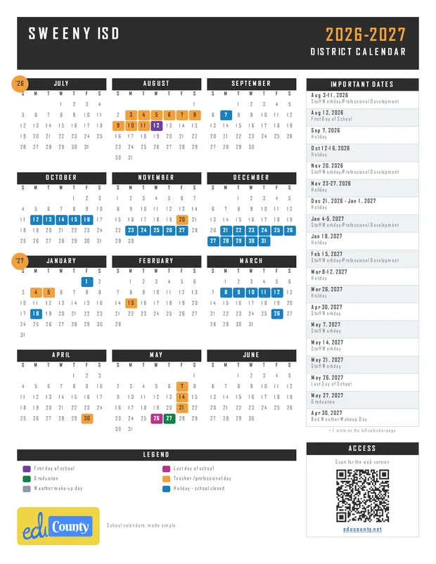 Sweeny isd printable 2026-27 calendar