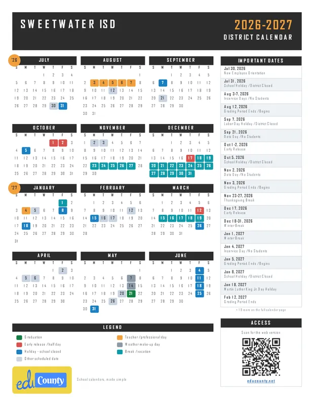 Sweetwater ISD printable 2026-27 calendar