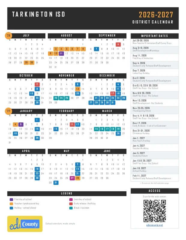 Tarkington ISD printable 2026-27 calendar