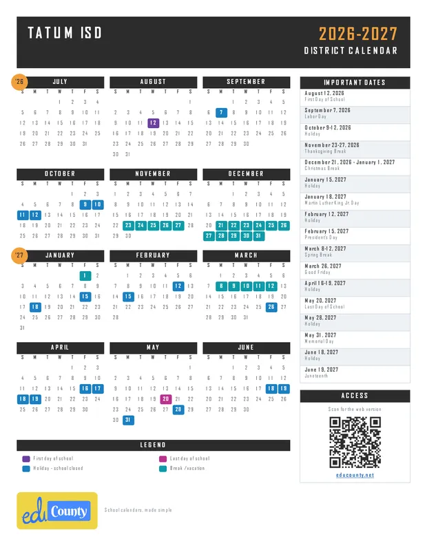 Tatum ISD printable 2026-27 calendar