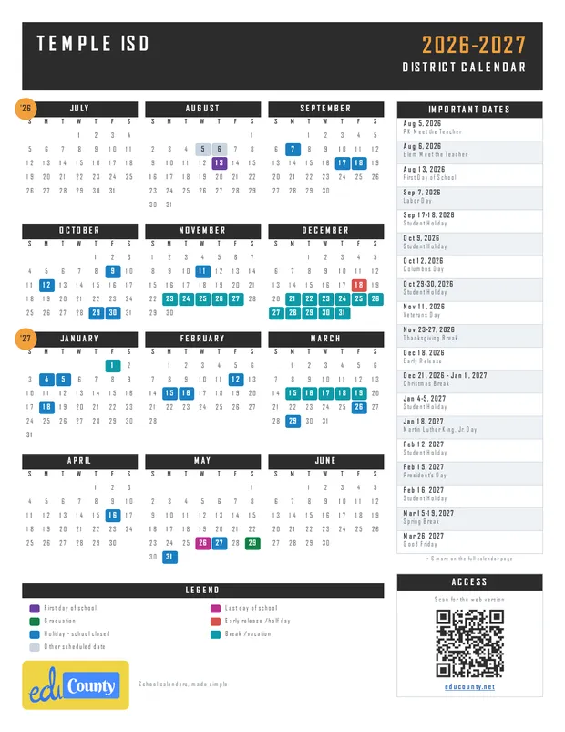 Temple ISD printable 2026-27 calendar