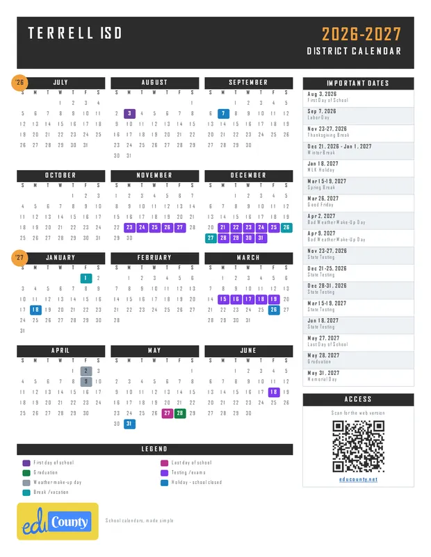 Terrell ISD printable 2026-27 calendar