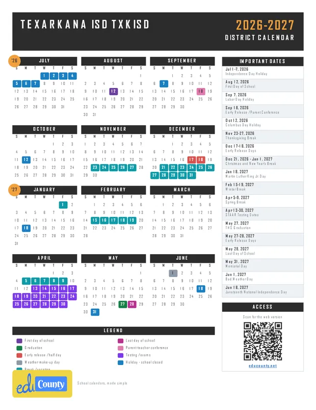 Texarkana ISD TXKISD printable 2026-27 calendar