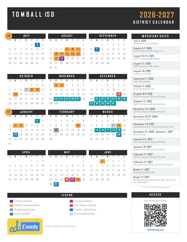 Tomball ISD printable 2026-27 calendar