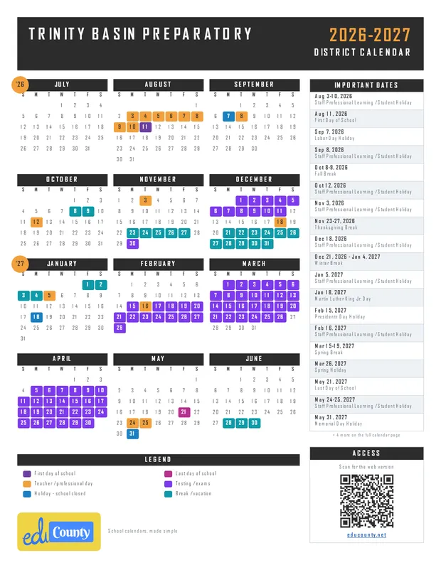 Trinity Basin Preparatory printable 2026-27 calendar