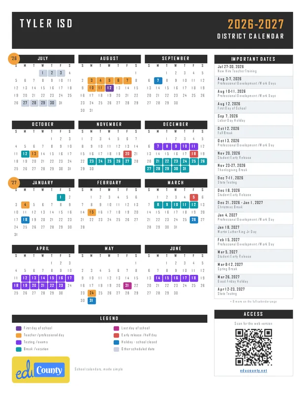 Tyler ISD printable 2026-27 calendar