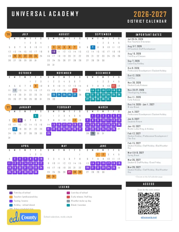Universal Academy printable 2026-27 calendar