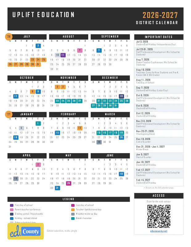 Uplift Education printable 2026-27 calendar