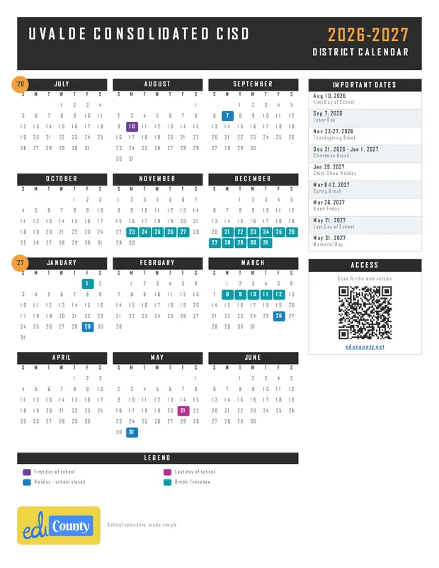 Uvalde Consolidated CISD printable 2026-27 calendar