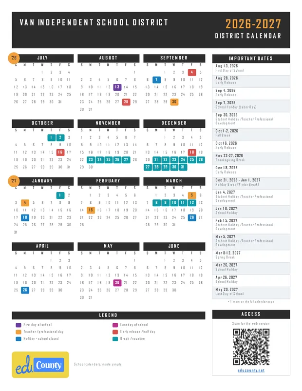 Van Independent School District printable 2026-27 calendar