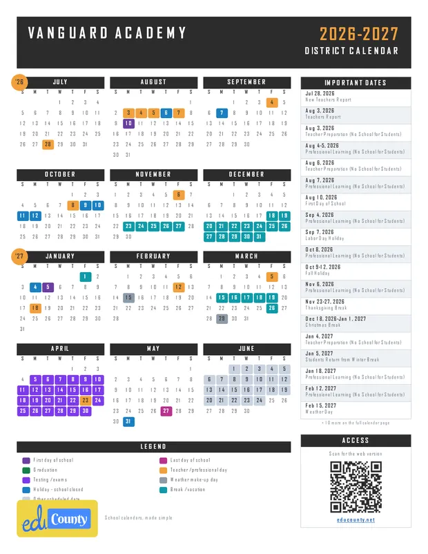Vanguard Academy printable 2026-27 calendar